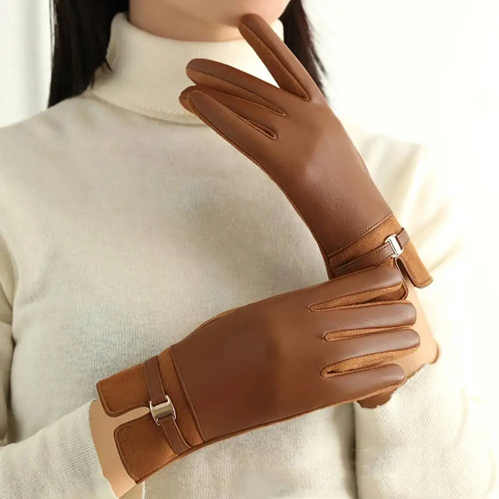 

Женские зимние замшевые кожаные сохраняющие тепло сенсорный экран, модные элегантные перчатки в деловом стиле, легкая водонепроницаемая металлическая пряжка