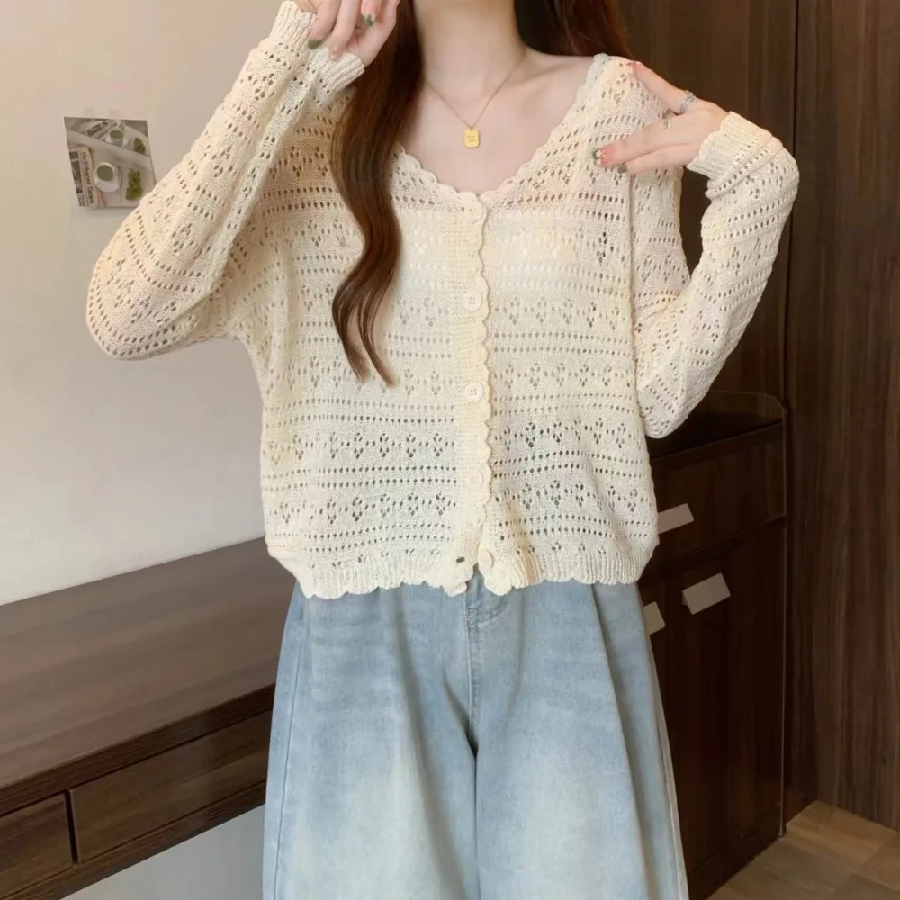 

Fashion Hollow Out Knitted Cardigan Thin V-Neck Sun-Proof Tops Long Sleeve Casual Outwear Women