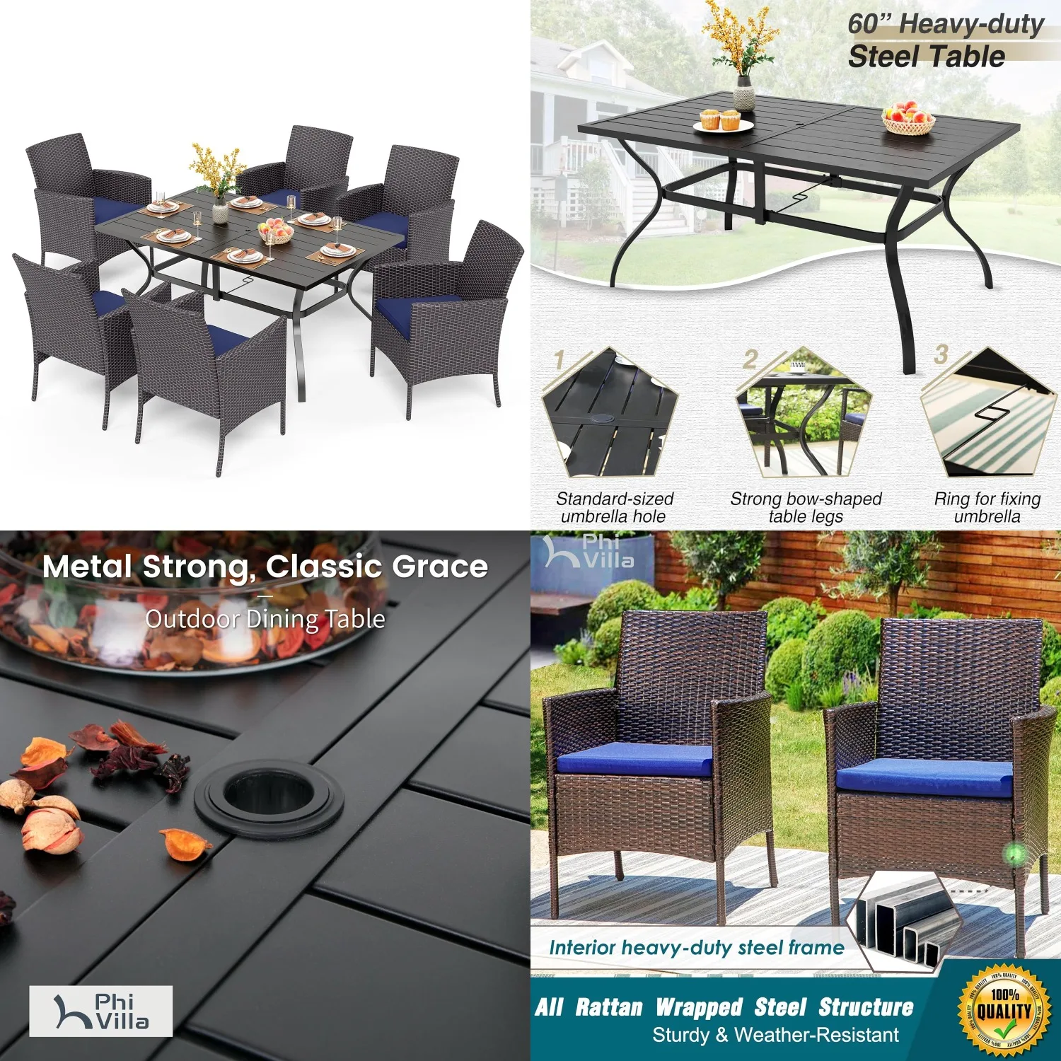 

7pc Outdoor Dining Set Rectangular Iron Table Umbrella Hole Cushioned Rattan Chairs Patio Deck Yard, Customized