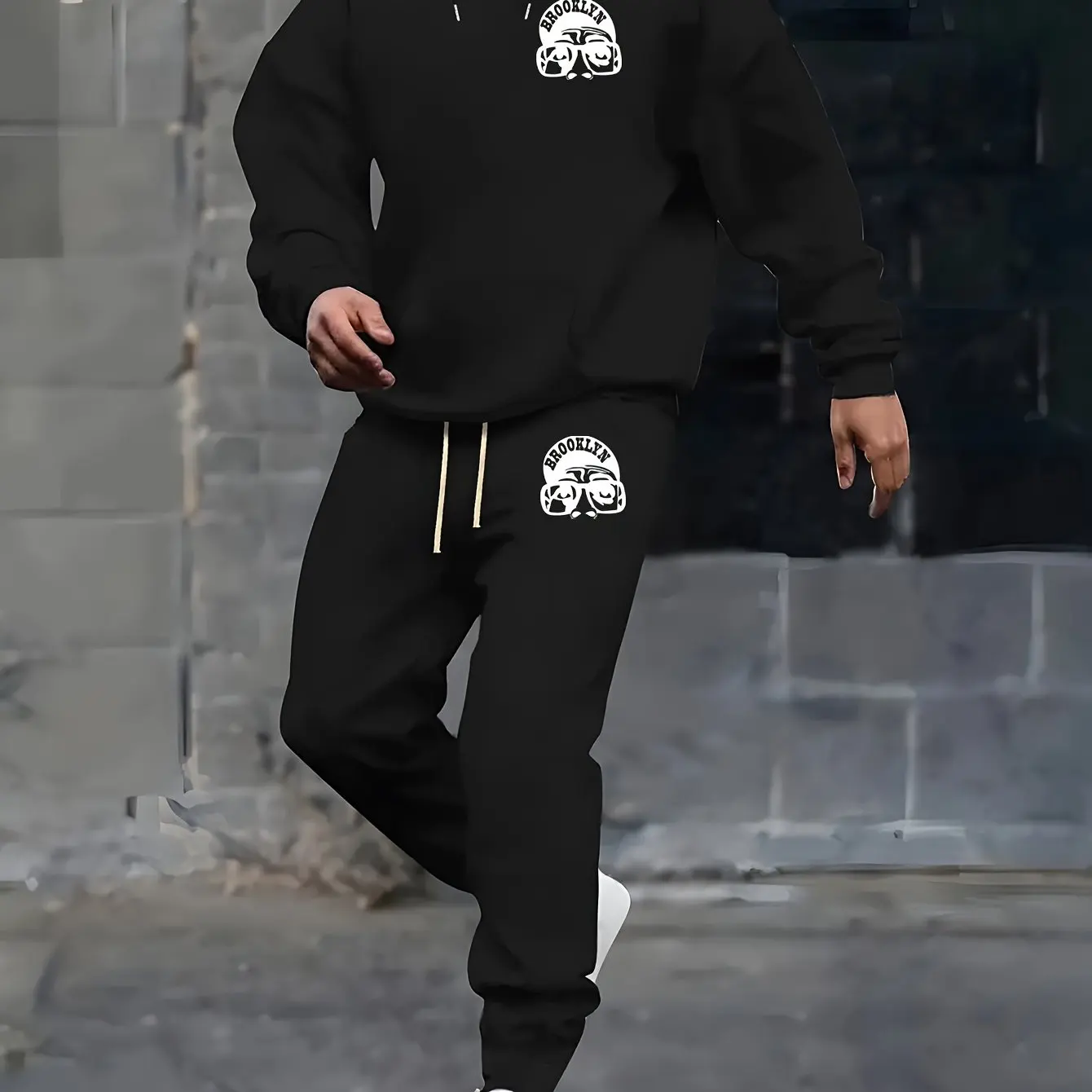 Men Brooklyn Graphic Print 2‑Piece Tracksuit, Hoodie + Drawstring Pocket Sweatpants,Loose Casual Outfit for Spring Autumn Winter