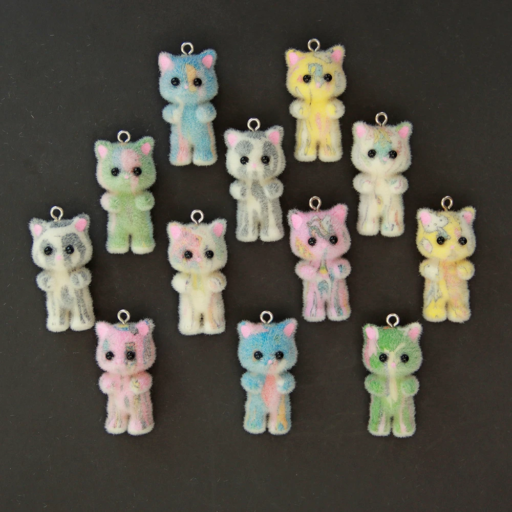 30Pcs 3D Kawaii Cat in clothes Charms Cartoon Animal Flocking Resin Pendant For Making Earrings Keychain Accessories Supplies