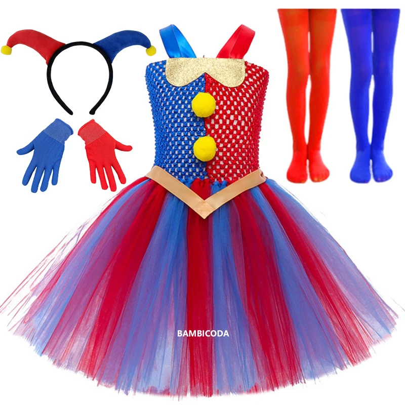 Girls Cosplay Digital Circus Dress Kids Clown Amazing Clothes Pomni Halloween Carnival Theme Party Stage Performance Vestido