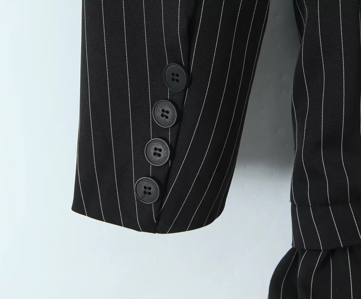 ZERAINS أزياء نسائية جديدة على الطراز الأوروبي والأمريكي، بدلة مخططة بسيطة بحاشية مكشكشة مزدوجة الصدر #5