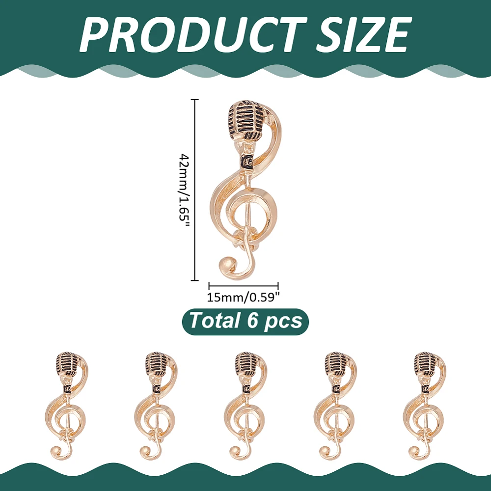 6Pcs Microphone Music Note Brooch Pins Platinum Alloy Mircophone Brooches Pin Elegant Misic Note Lapel Pins Costume Accessories