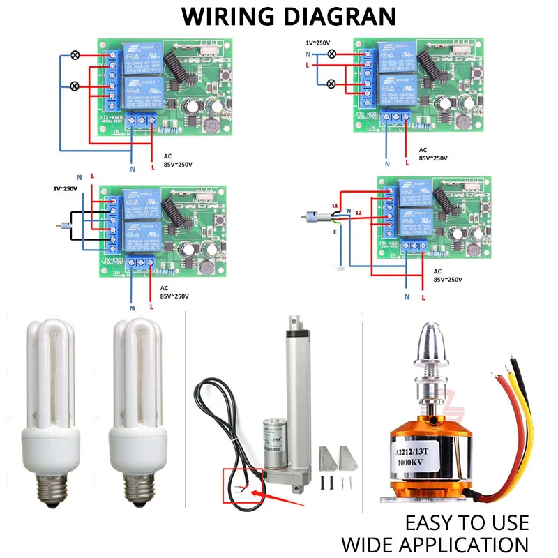 Interruptor universal do controlo a distância 433mhz para a luz, a porta, a garagem, a CA 85v ~ 250v, 110v, 220v, 2ch, o receptor do relé e o