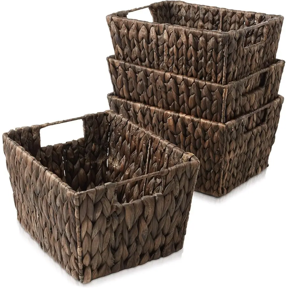 

Set of 4 Brown Woven Water Hyacinth Baskets with Handles for Storage and Organization