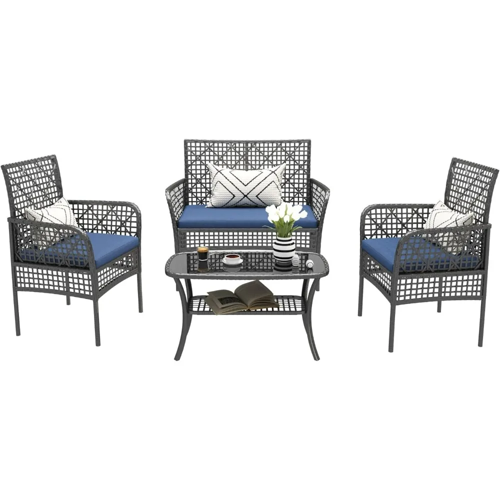 

4 Pieces Outdoor Patio Furniture Set,PE Rattan Wicker Garden Conversation Chairs with Tempered Glass Table and Soft Cushions