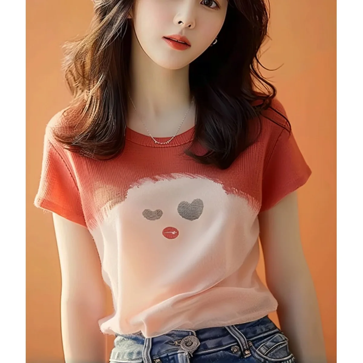 Fashionable Color Block Print Short Sleeve Women's T-shirt Shoulder Width Regular Fit Summer New Style Minimalist High End Fe...
