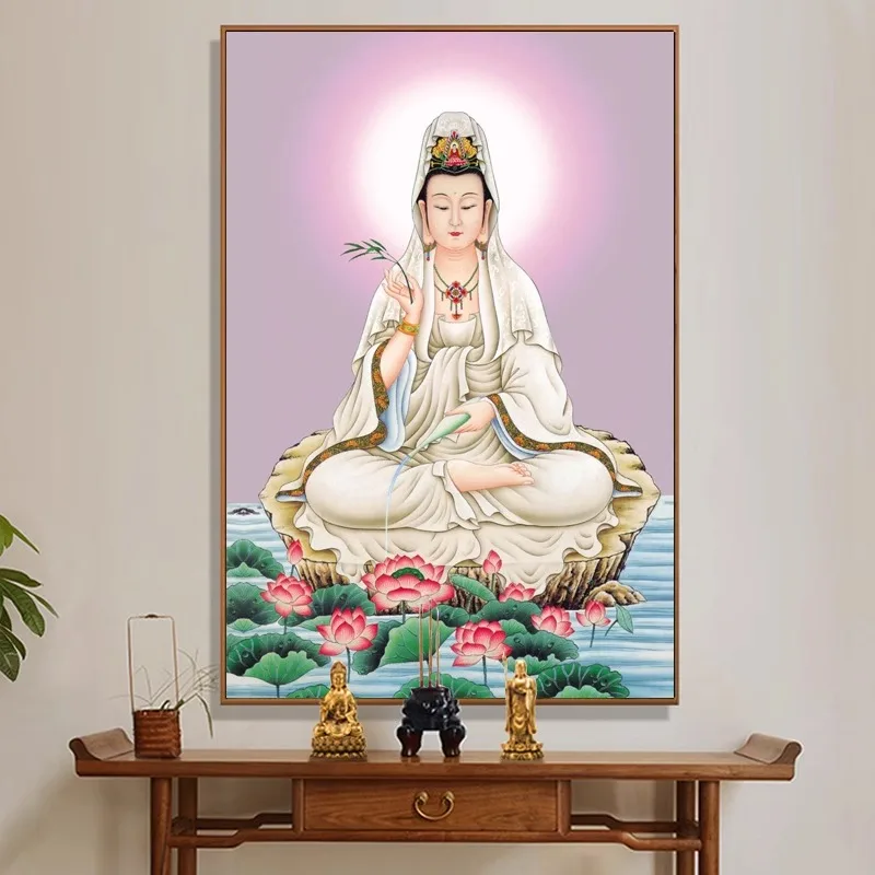 

New 2026 Handmade Cross Stitch Embroidery Lotus Seated for Living Room Chinese Style Entrance Way Cotton Fabric White Color