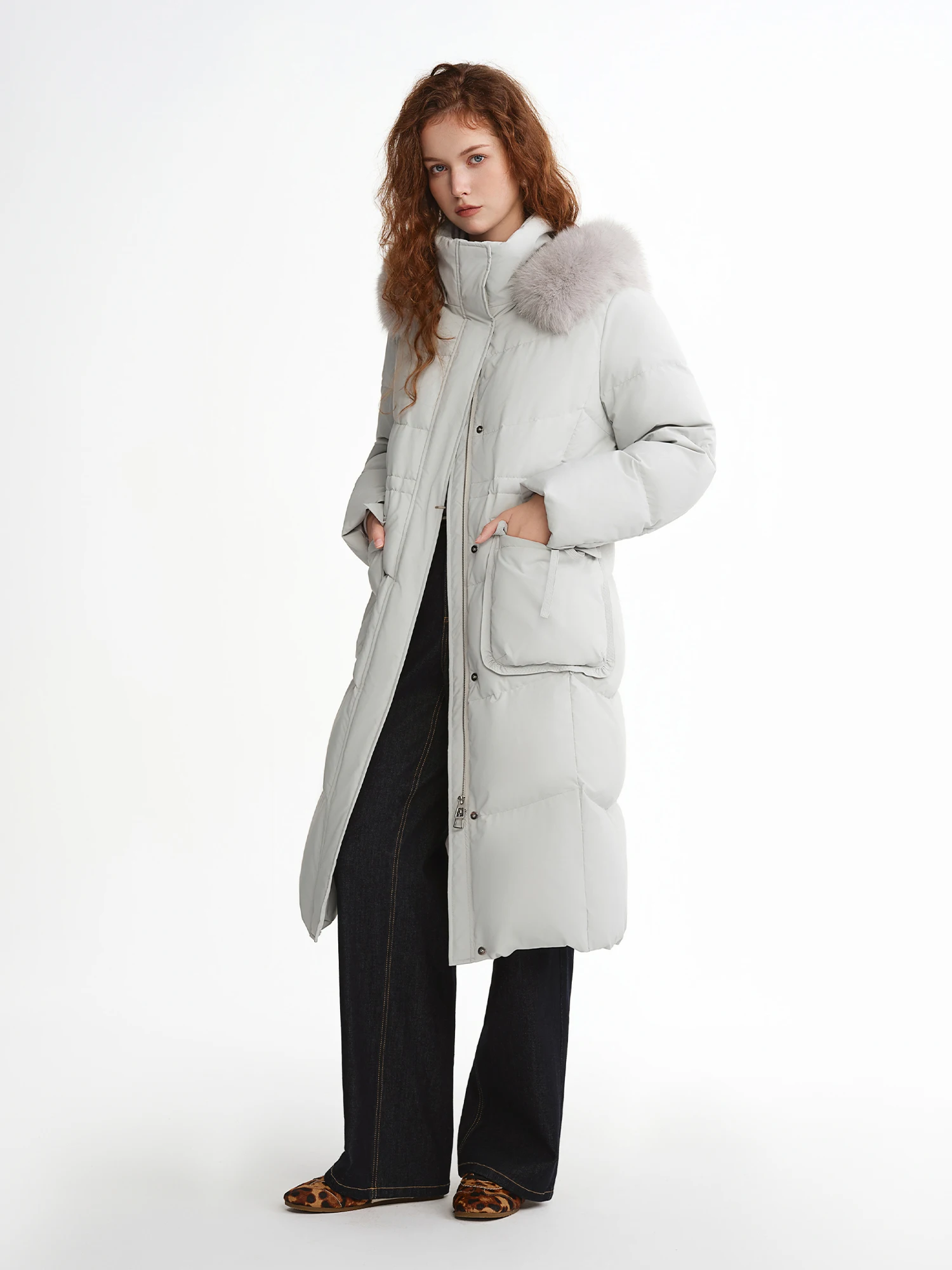 DUSHU الثعلب الفراء مقنعين سترة طويلة أسفل جديد الشتاء منتصف طول معطف الخصر محددة بسيطة فضفاضة تناسب الترفيه اليومية الدافئة كل مباراة Ins