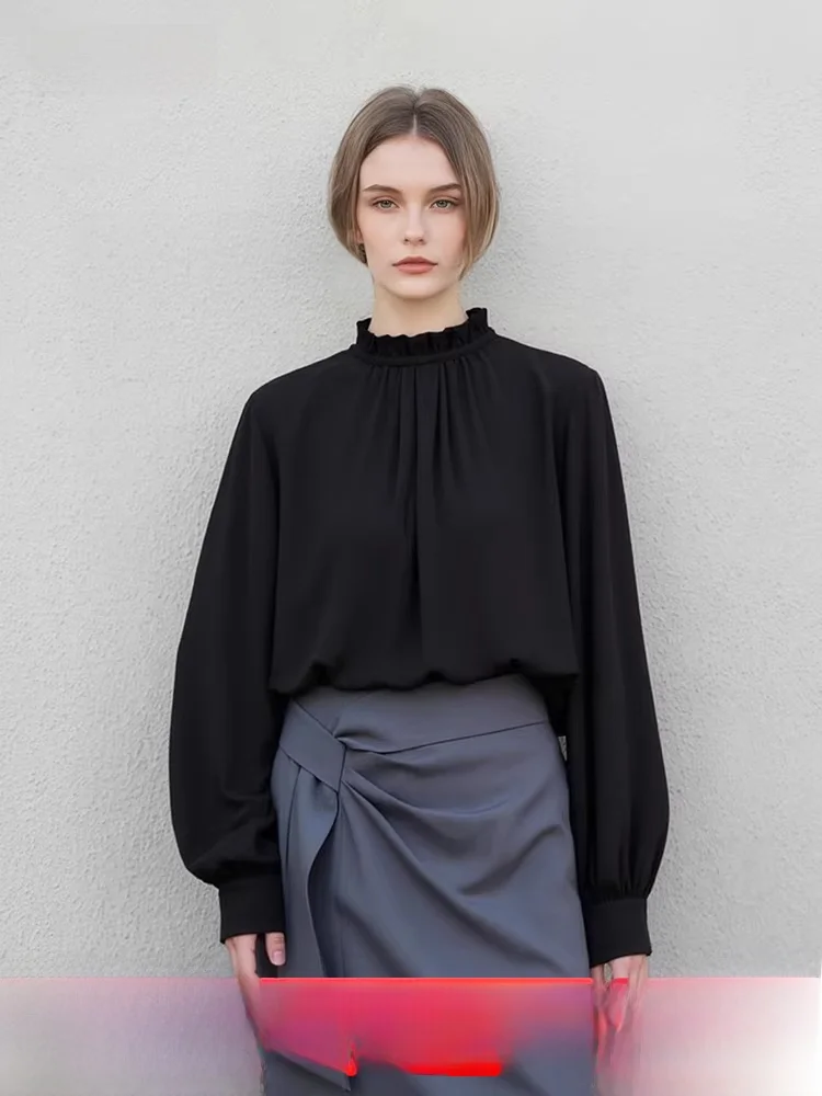 

Ele Commuter Sle Long Sve Chiffon Blouse Women's Lightweight Pleated Wooden Spring New Arrival Faion Top