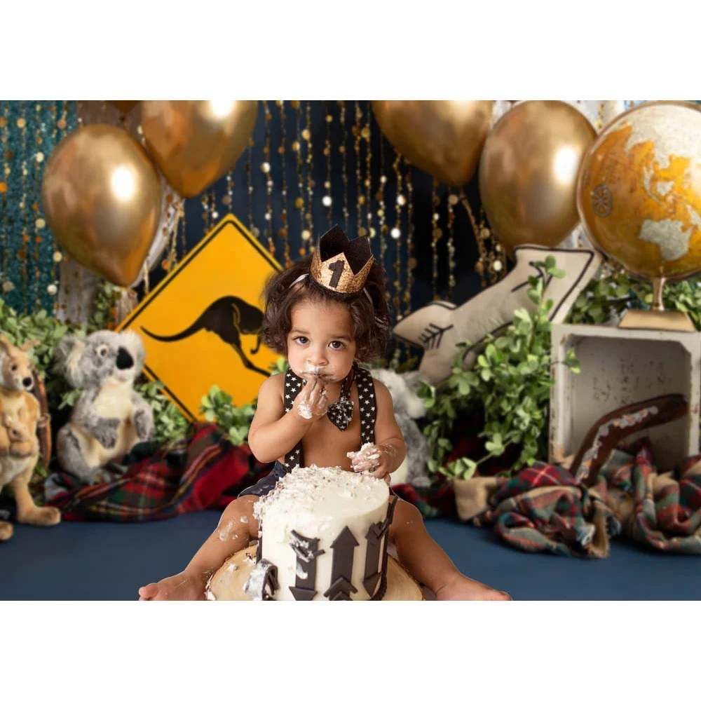 Animals Backdrop Kangaroo Koala Cake Smash Photography 1st Birthday Party Props Gold Balloons Australian Adventure   Photostudio