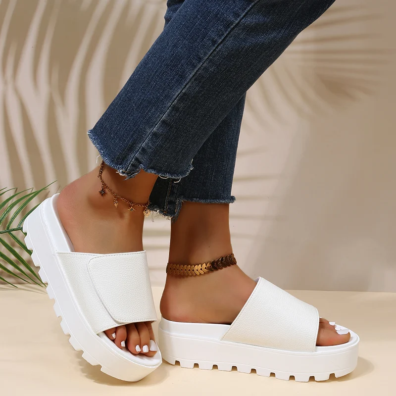 Rimocy Black PU Leather Platform Slippers Women Plus Size 43 Thick Soled Sandals Woman 2023 Summer Non-slip Slides Shoes Female