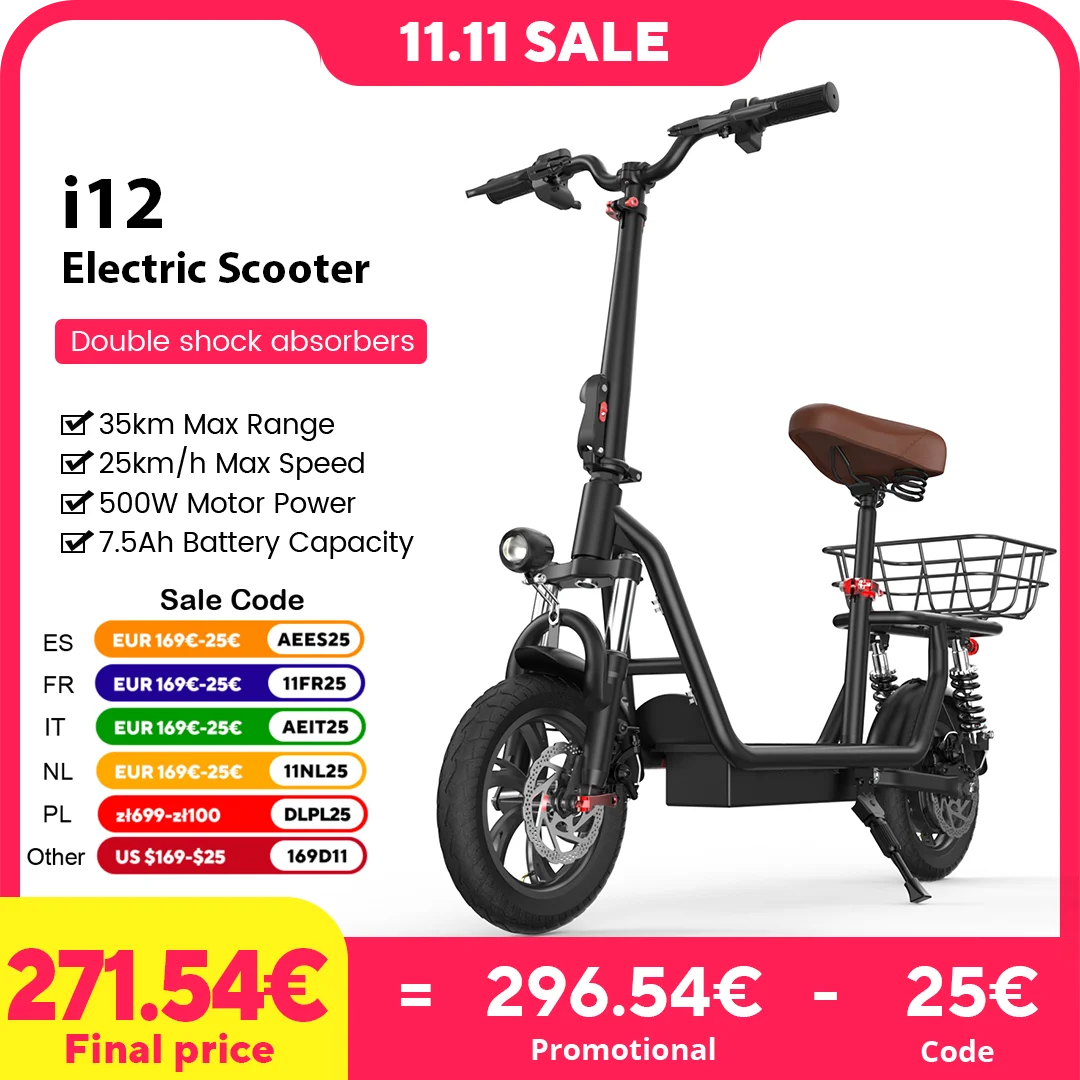 iScooter i12 Electric Scooter with Basket 500W 7.5Ah Electric Kick Scooter 12inch Pneumatic Tire 35km Range 25km/h eScooter