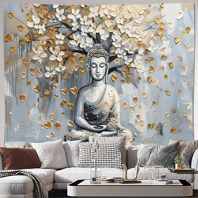 Large Buddha Tapestry Wall Hanging Art Golden Floral Zen Print Spiritual Home Decor Panel Abstract Serene Enlightenment Decor fo