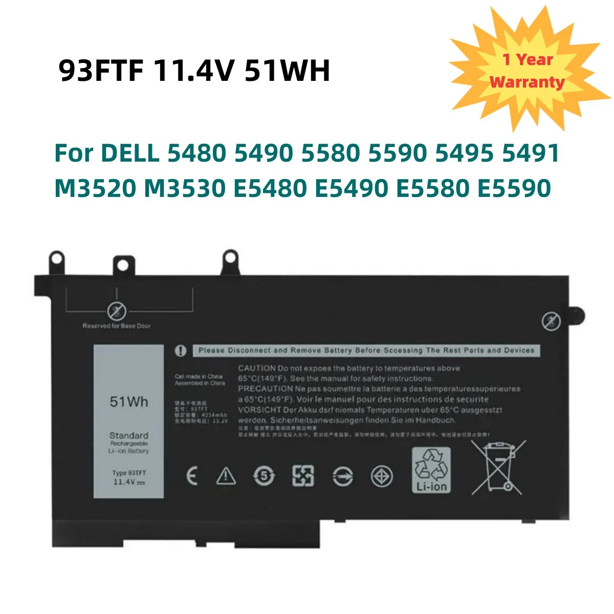 HauFTF-Batterie Laquée Wh, 11.4V, pour DELL Latitude 5280, 5480, 5580, E5280, E5480, E5580, E5290, E5490, E5590 Series, 83XPC, 4474mAh