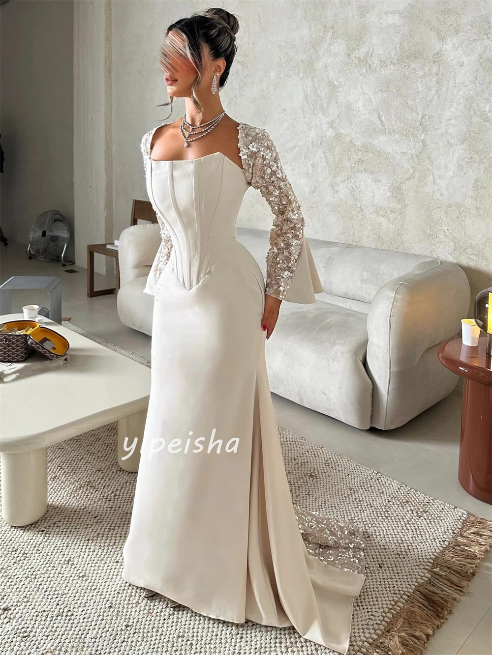 Customized High Quality Exquisite Jersey Sequined Pleat Mermaid Square Neck Long Dresses Bespoke Occasion Dresses Intricate Sexy