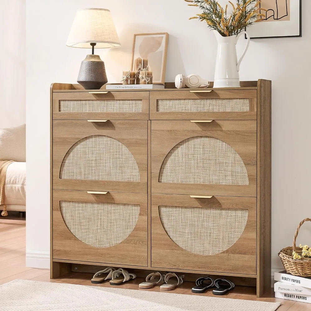 Rattan Shoe Storage Cabinet with 4 Flip and 2 Drawers Freestanding Entryway Narrow Hidden Organizer Rustic Oak