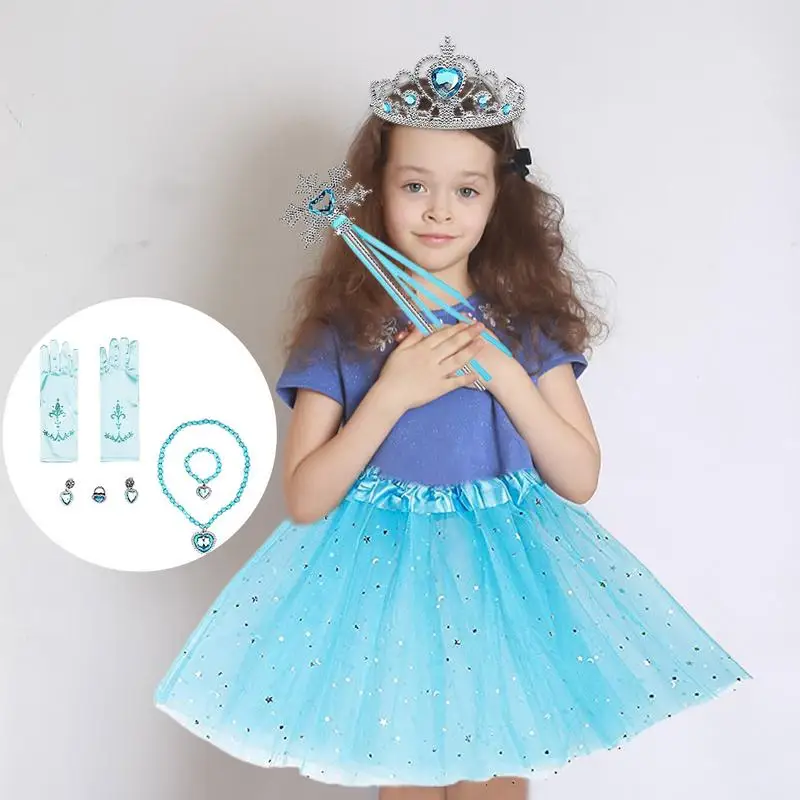 Conjunto de accesorios de vestido de princesa Elsa, conjunto de disfraces de princesa azul, incluye guantes, falda, Tiara de princesa, pulsera, pendientes mágicos