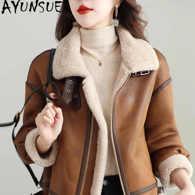 

AYUNSUE 100% Wool Fur Coat Women 2025 Motocycle Jacket Autumn Winter Clothing Female Fur Integrated Пальто Женское New in Coats