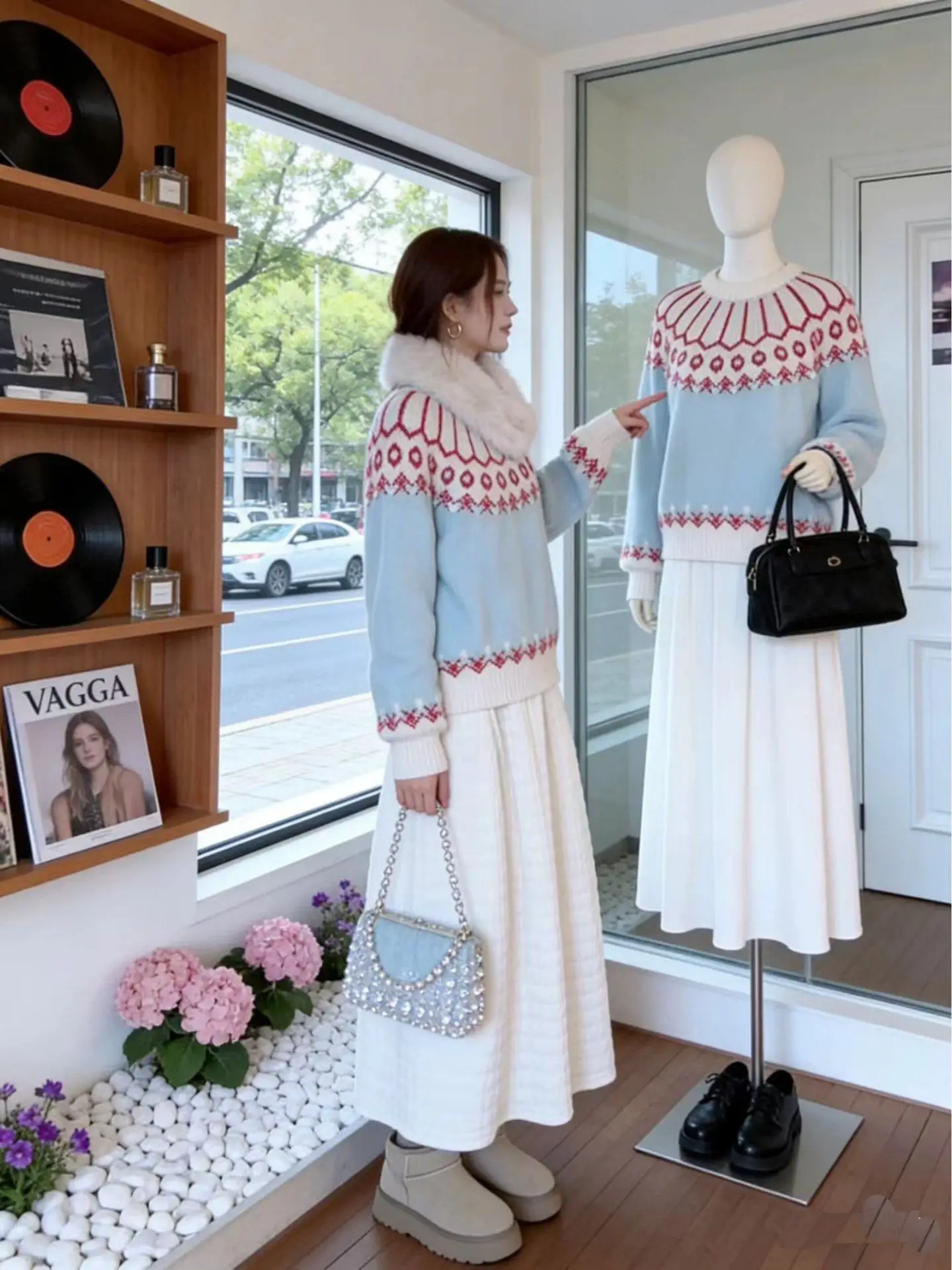 

Korean Sle Fair Isle Set Women's Color Blo Slimming Top And Skirt Two Piece Set Spring New Age Reduction High Waist Skirt