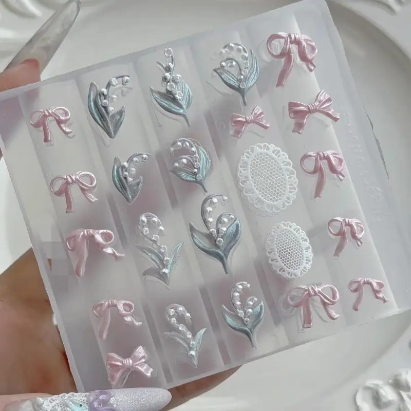3D Nail Silicone Nail Carving Mold Lily Of The Valley Petal Bow Shapes Nail Art Print Stencils Diy Manicure Mold Tools
