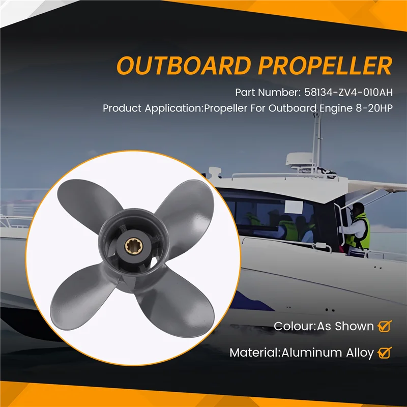 

58134-ZV4-010AH Propeller 4 Blade 9 1/4X10 For Honda Yamaha Outboard Motor BF8D BF9.9D BF9.9 BF15A BF15D BF20 8 Splines