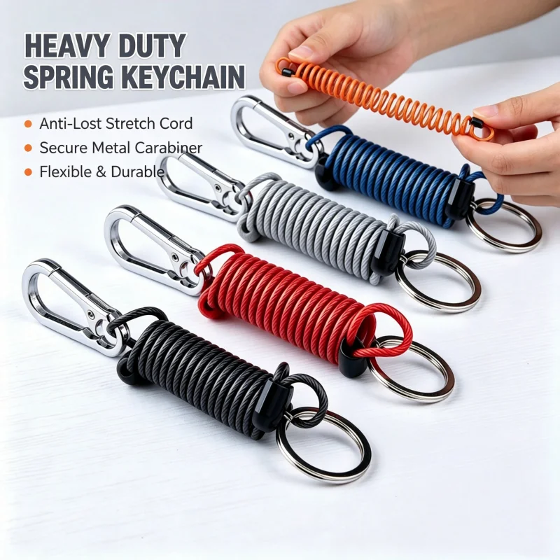 The Keychain Is Embedded With Thickened Steel Wire Spring Rope Keychain, Anti Loss Elastic Telescopic Chain Keyring