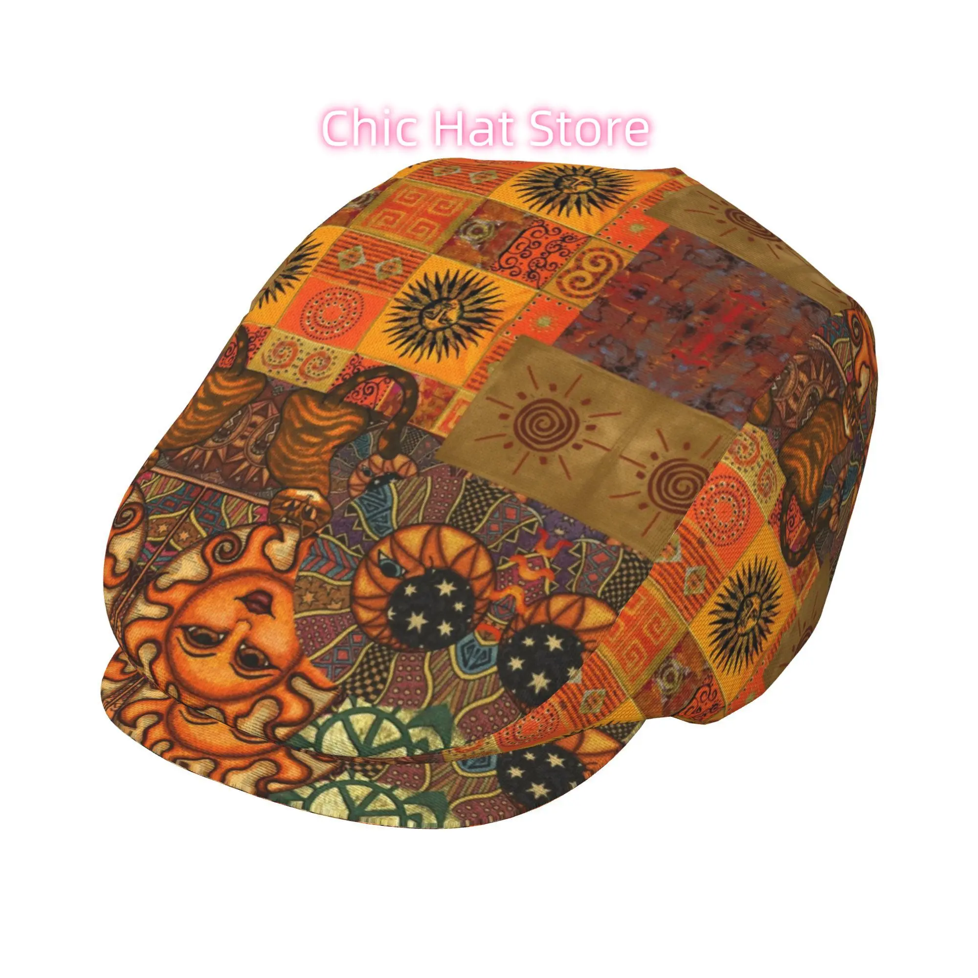 1pc Bohemian Sun Cat All-Over Print Flat-Top Hat for Men & Women - Lightweight Unisex with Metal Buckle, Boho Cat & Sun Motif, A