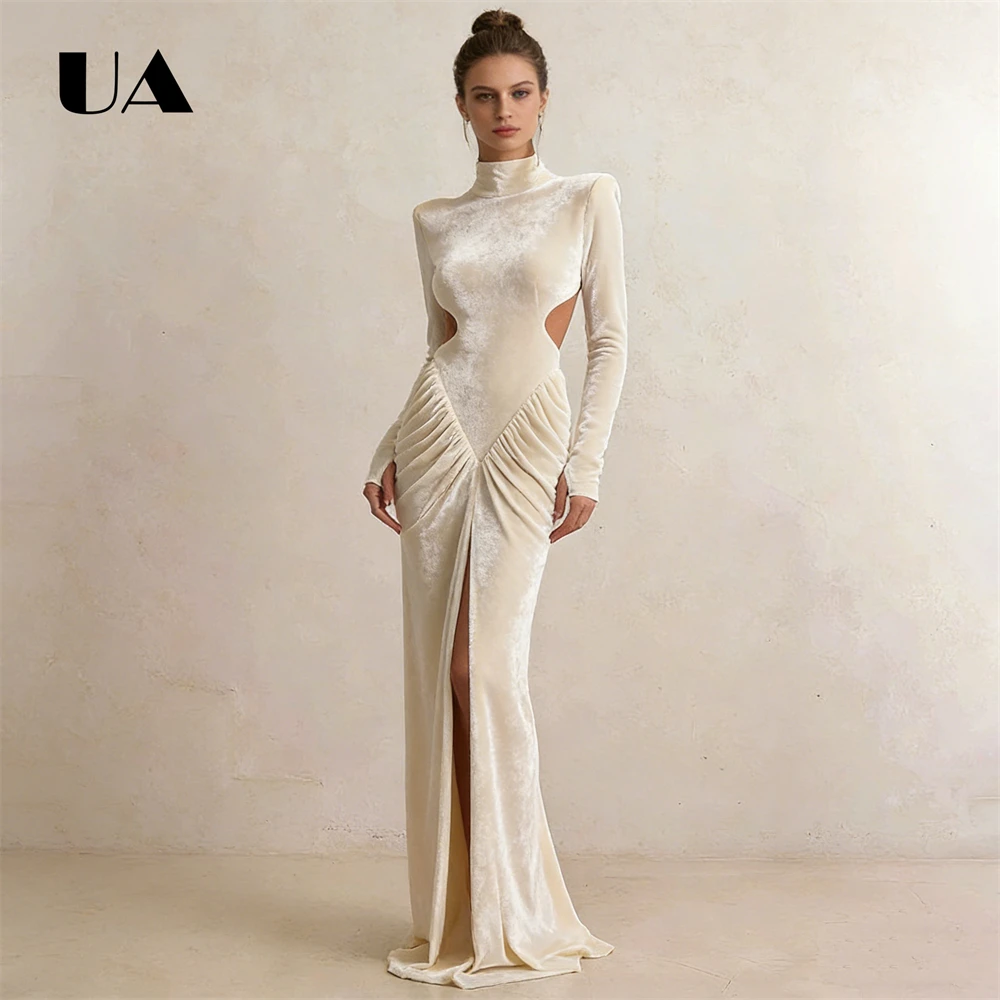 봄 가을 긴 소매 맥시 드레스 하이넥 벨벳 롱 이브닝 드레스 앞트임 부드러운 파티 프롬 가운 맞춤 사이즈