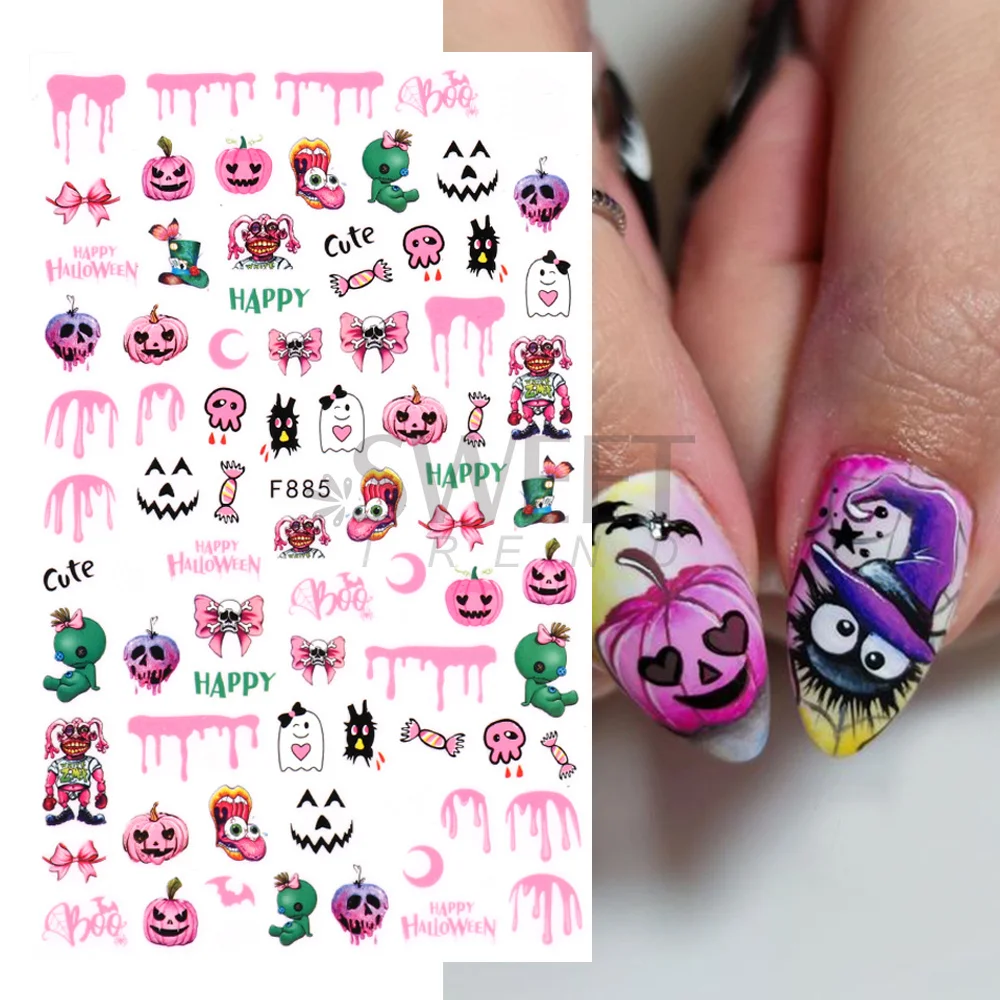 3D Halloween Nail Art Stickers Cute Pumpkin Horror Ghost Dripping Skull Bone Bat Adhesive Slides Decor Festive Supplies JIF884