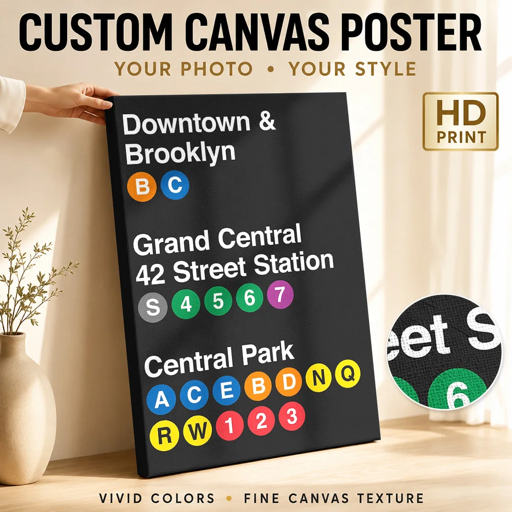 New York Subway Lines Gallery Wrapped Canvas Print Customized Photo, Color Coded Transit Typography Wall Art For Living Room