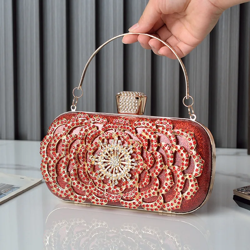 Bolso de noche con diamantes de imitación rojos, bolso de mano de marca con diamantes para mujer, bolso de lujo con diseño de flores para teléfono, bolso cruzado 2024