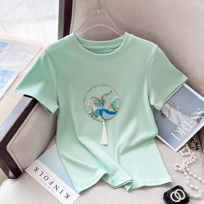 Summer New Women's Fashion Vintage Crew Neck Simplicity Versatile Slim Chinese Style Embroidery Short Sleeve T-shirt Top clothes