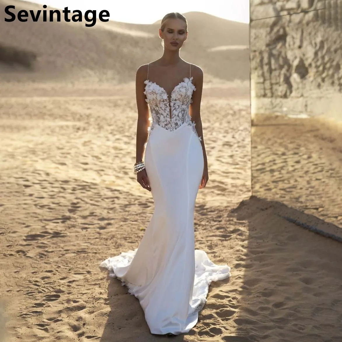 Sevintage 2025 Chiffon Elegante Zeemeermin Spaghettibandjes Kant Applicaties Trouwjurk Bruidsjurken Aangepaste Vestidos De Novia