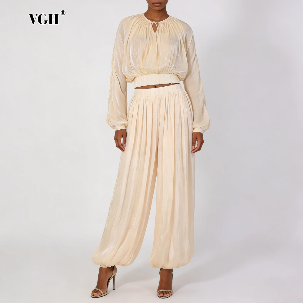 

VGH Apricot Spliced Folds Two Piece Set Female O Neck Long Sleeve Shirt Casual French Women's Trousers Sets Autumn Fashion New