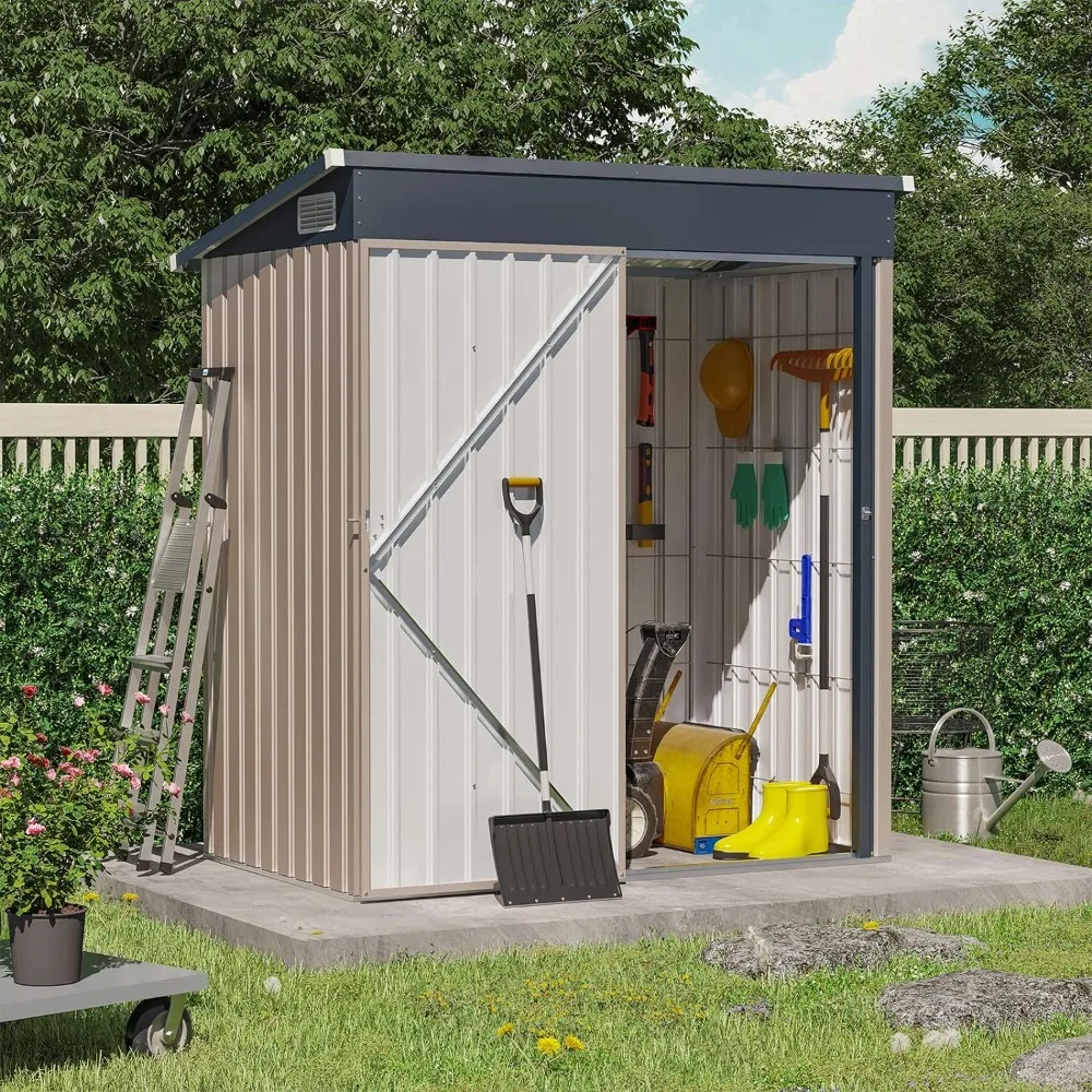 Lawn Garden Shed Outside Sheds & Outdoor Storage Galvanized Steel W/Lockable Door for Backyard Patio Tools Brown Buildings Booth