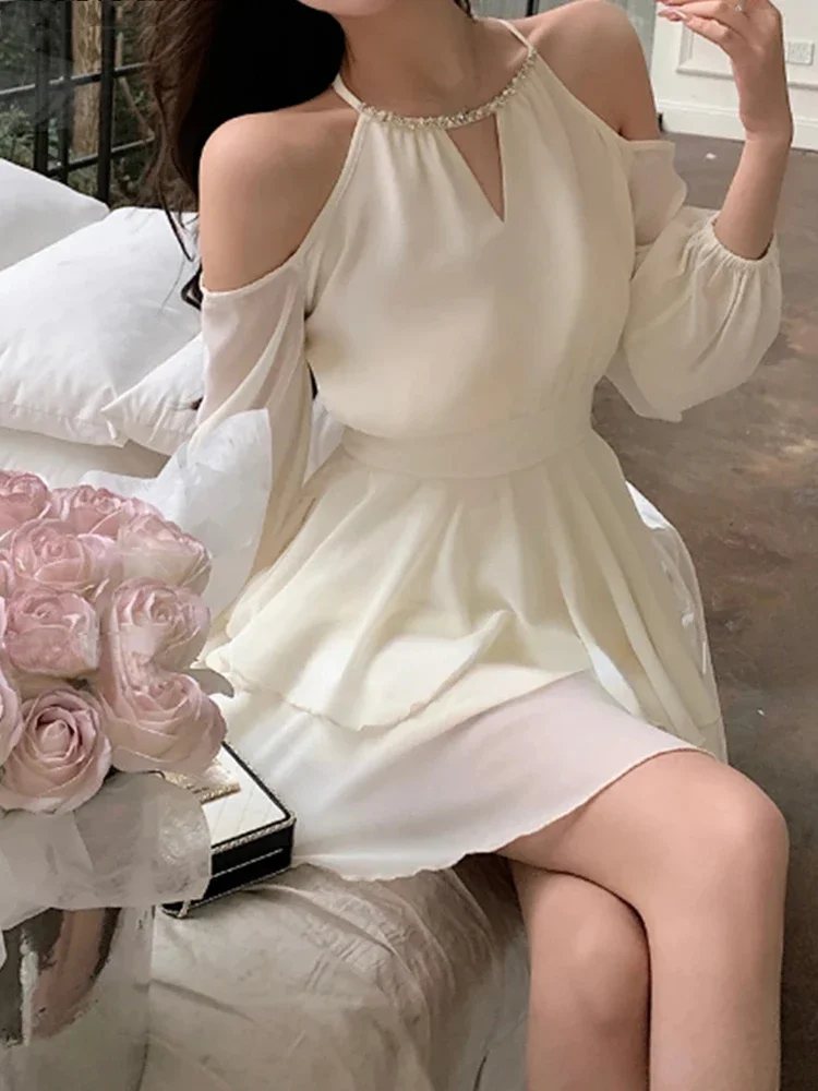 Women Elegant Off Shoulder Chiffon Long Sleeved Mini Dress YK2 Fashion Solid Color Korean Hanging Neck Fairy Sweet Party Dress