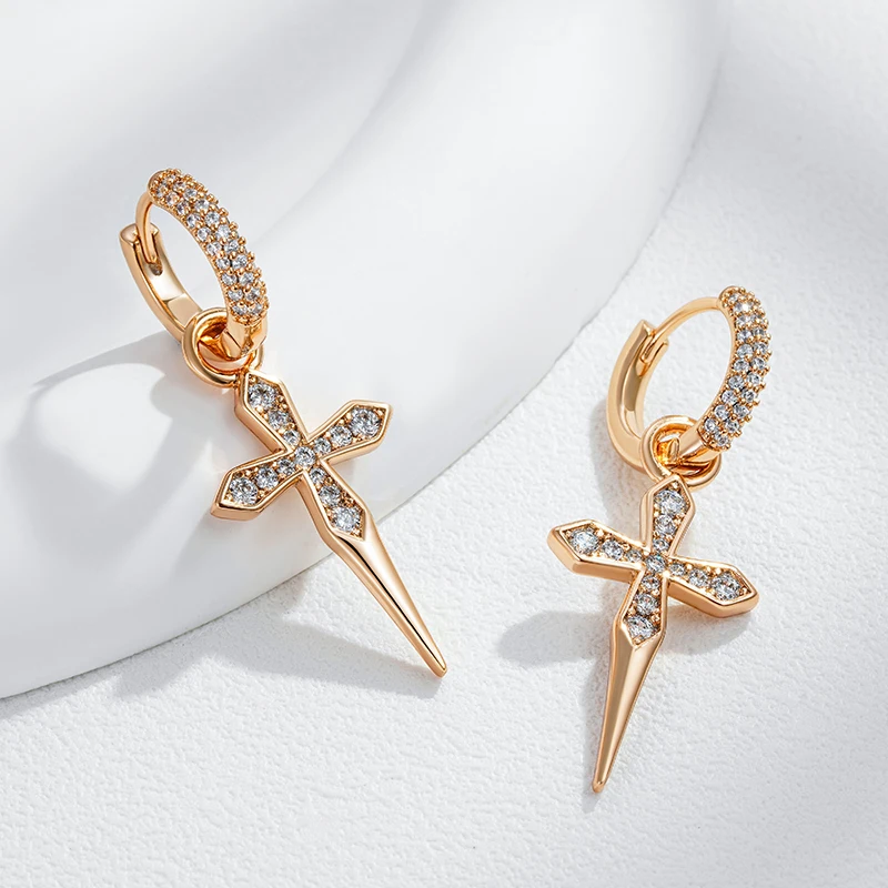 Kinel Luxury Cross Dangle Earrings for Women 585 Rose Gold Color With Natural Zircon Accessories Vintage Daily Fine Jewelry