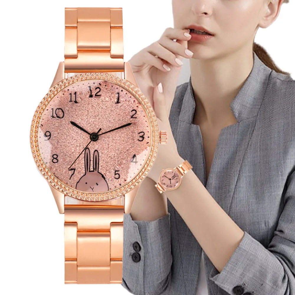 

Luxury Hot Sales Women Simple Frosted Digital Rabbit Design Lady Quartz Watch Rose Gold Alloy Strap Gift Clock Wristwatches