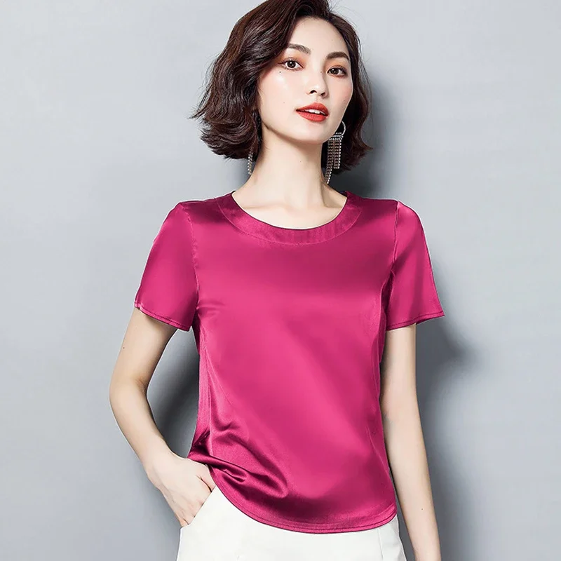 Damen elegante Bluse Sommer mit kurzen Ärmeln plus Größe Basic Frauen Blusen Satin Seide schöne weiße Bluse für Frauen b62