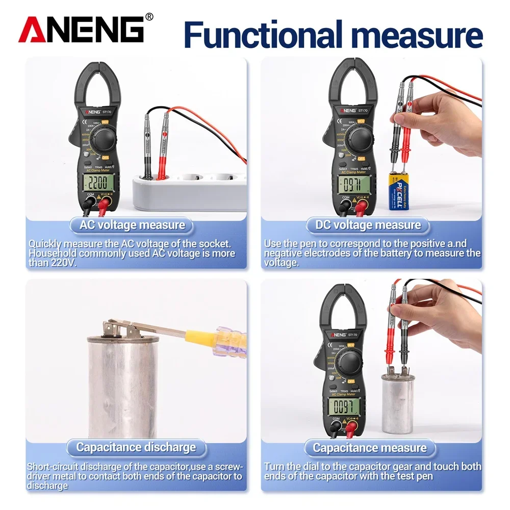 ANENG ST170 Multímetro Digital Pinça Medidor Tester 1999 Contagens AC/DC Tensão Voltímetro Hz Capacitância NCV Ohm Diodo Tester Ferramentas