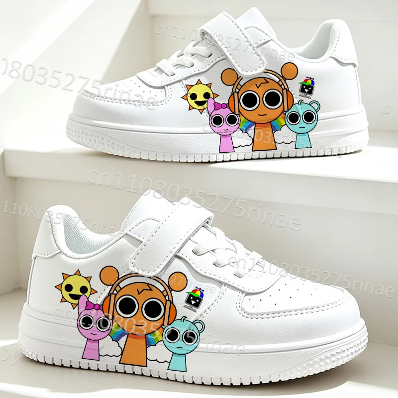 2027 S-Sprunkis Boys Girls Flat White Board Shoes Cartoon Creature Graphic Print Lightweight Kids Daily Wear Sneakers