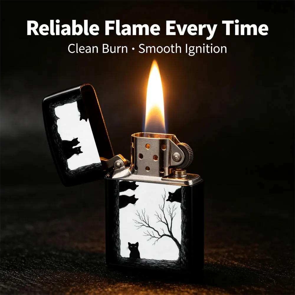 Pocket Lighter, Flip-Top Windproof Design, Metal Shell with Cats Looking Out of Window Print, Ergonomic Grip, Portable & Refillable