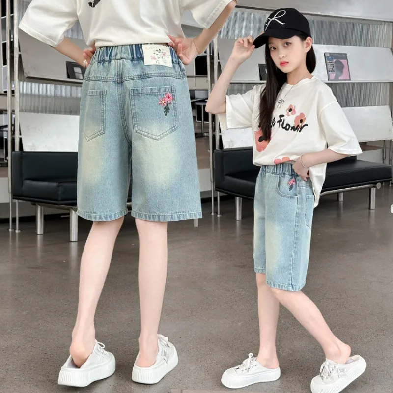New 2025 Girls Summer Casual Thin Denim Shorts Trousers Children Fashion Floral Embroidery Jeans Clothing for 5-12 Years