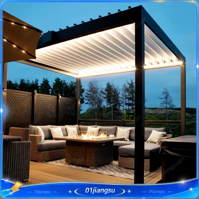 Motorized Adjustable Louver Pergola Bioclimatic Aluminum Gazebo with Tempered Glass Roof Powder Coated Custom Canopy for