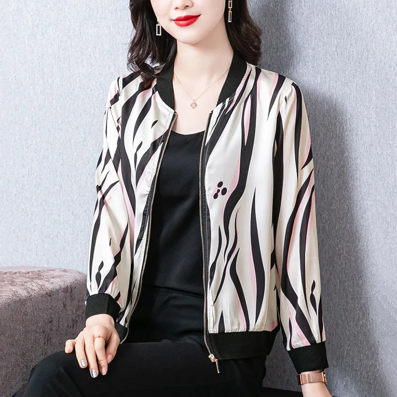 New Spring/Summer Fashion Trend Silk Short Round Neck Print Loose Versatile Large Casual Jacket Sunscreen Long Sleeve Coat