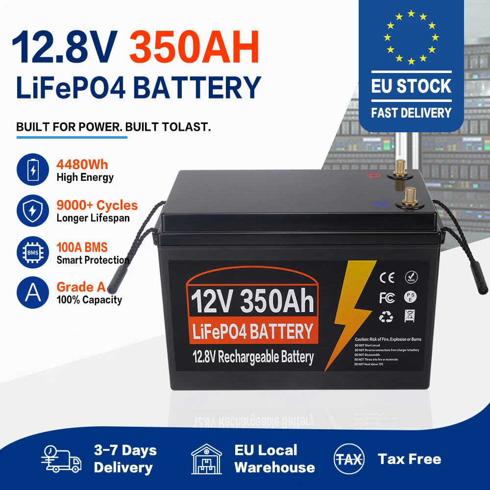 EU-voorraad 12V 150Ah 350Ah LiFePO4-batterij met ingebouwde BMS, 9000 cycli, voor campers, vans, kamperen, vissen, off-grid, boten en zonne-energiesystemen