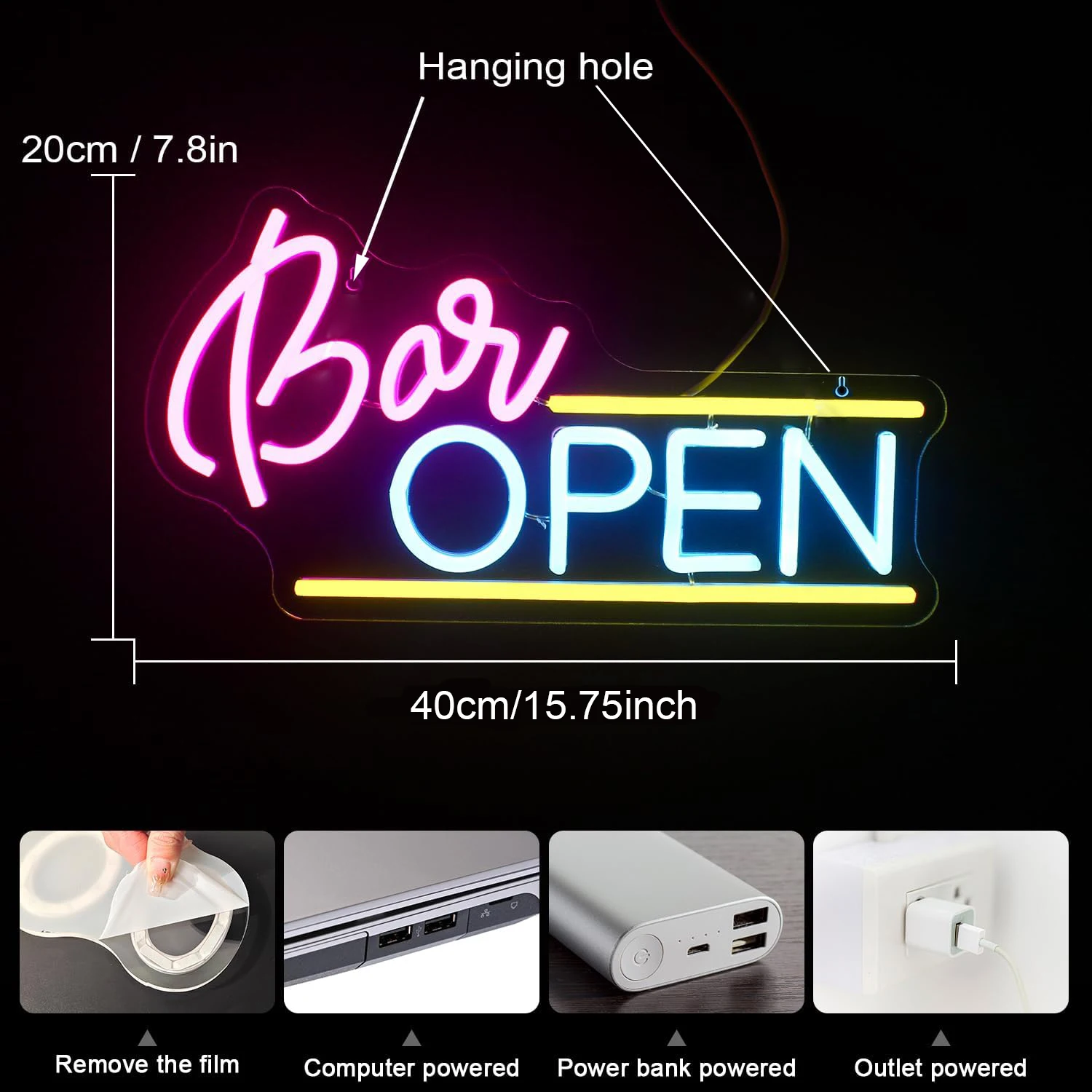 Bar Open LED Neon Sign for Business USB Powered with ON/OFF Switch Adjustable Brightness Neon Lights Wall Decor Neon Light Sign