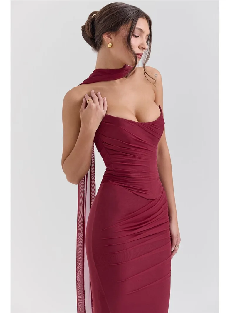 

Wine Red Sexy Two Piece Sets Women Neckerchief Strapless Crop Tops And Maxi Skirt Sets Club Party Skirt Two Piece Sets PL9Z